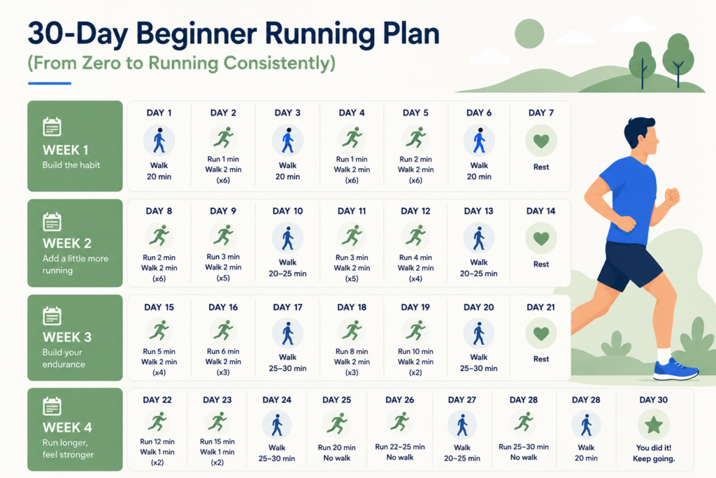 The 30-Day Beginner Running Plan (Week-by-Week)
